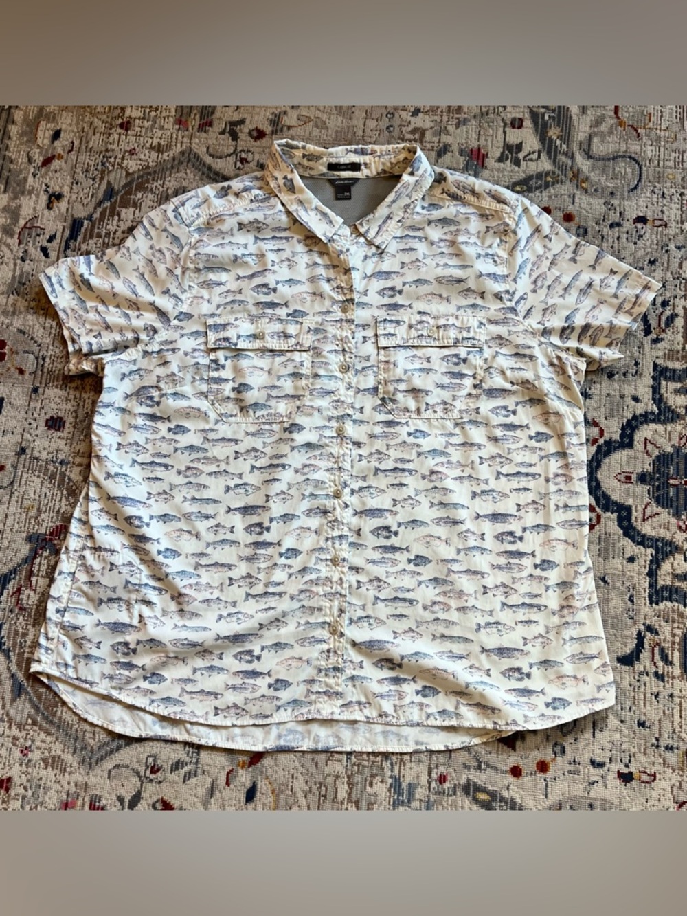 Eddie Bauer White Short-Sleeve Button-Up with Blue Fish Print 2XL